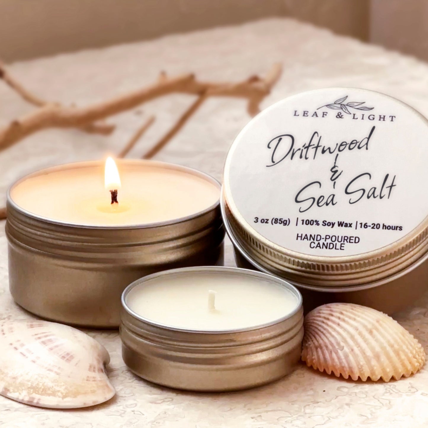 DRIFTWOOD AND SEA SALT | SMALL SCENTED BEACH CANDLE (3 oz)