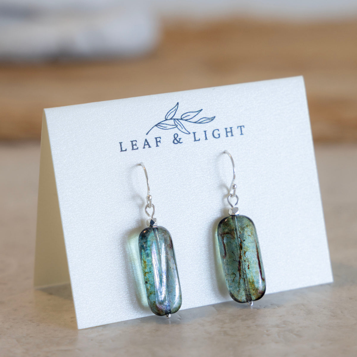 Beach Moss Green Czech glass rectangle earrings with sterling silver ear wires