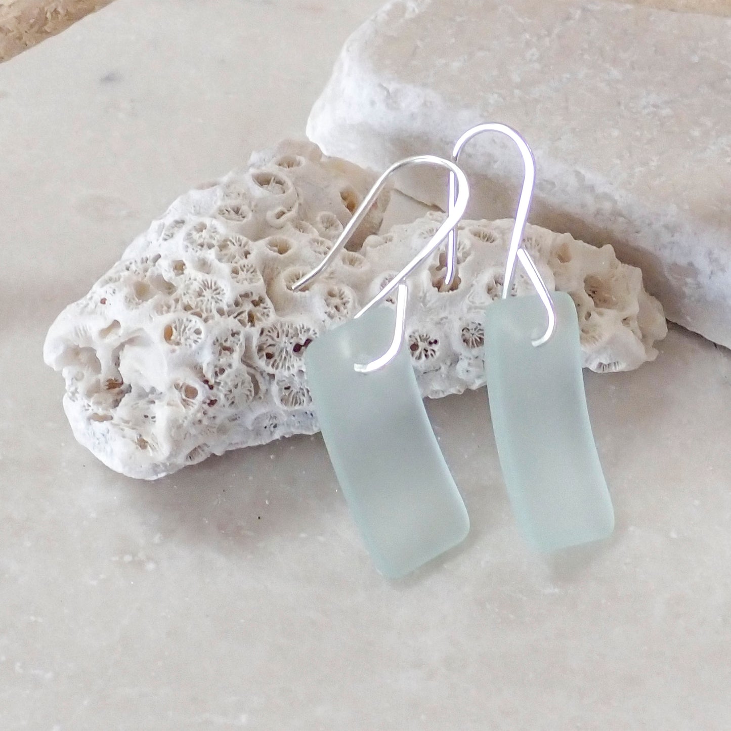 STERLING SILVER COASTAL GLASS EARRINGS - LIGHT AQUA RECTANGLE