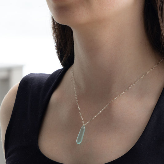 LIGHT AQUA TEARDROP COASTAL GLASS NECKLACE SILVER PLATED
