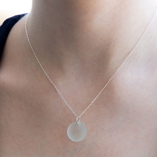 LIGHT AQUA CIRCLE COASTAL GLASS NECKLACE | STERLING SILVER