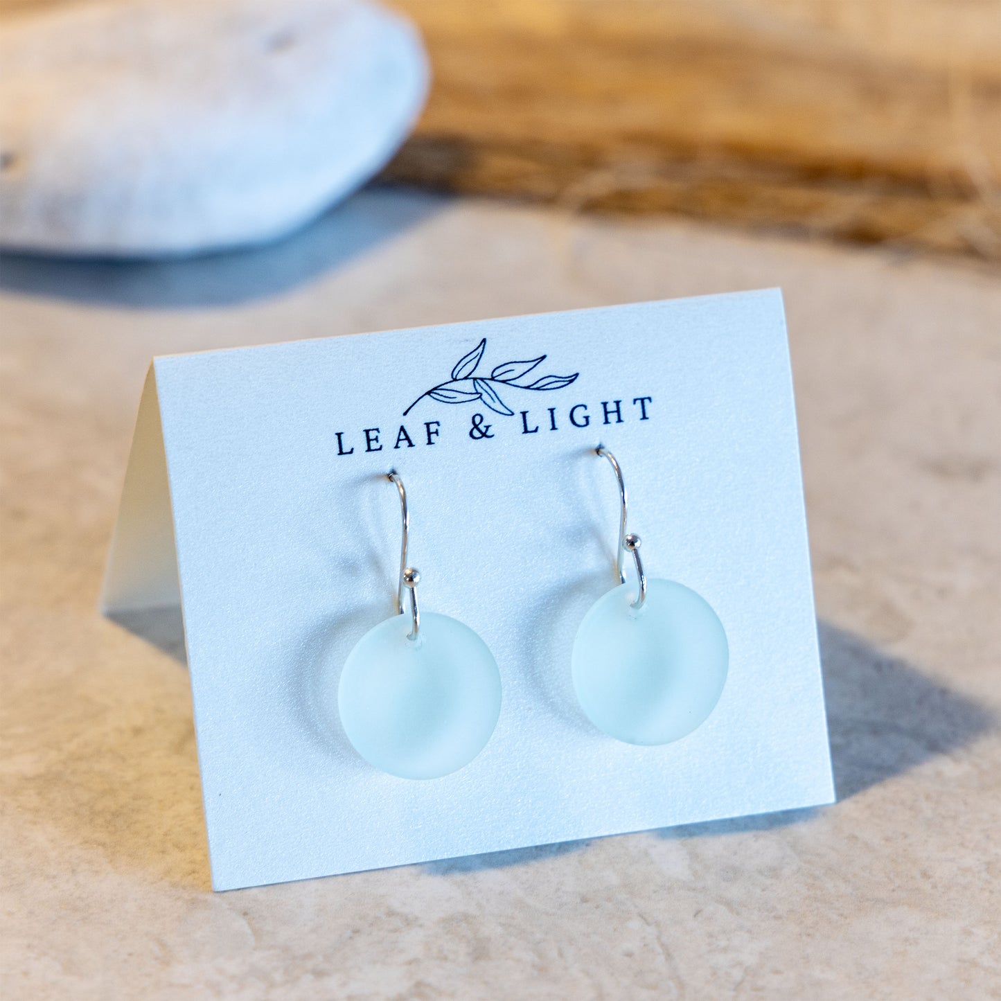 LIGHT AQUA CIRCLE COASTAL GLASS EARRINGS | SILVER PLATED