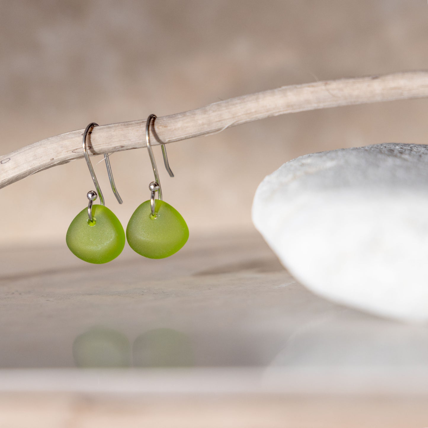 OLIVE COASTAL GLASS DROP EARRINGS | SILVER PLATED