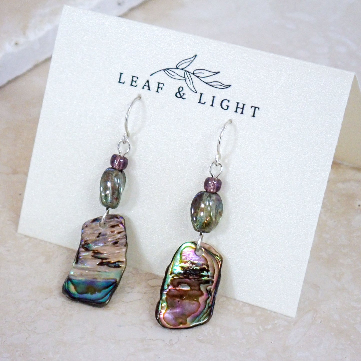 PAUA SHELL EARRINGS WITH VINTAGE GLASS | STERLING SILVER DANGLY EARRINGS