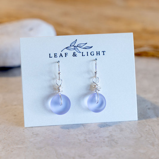LAVENDER BLUE WIRE WRAPPED COASTAL GLASS EARRINGS | SILVER PLATED