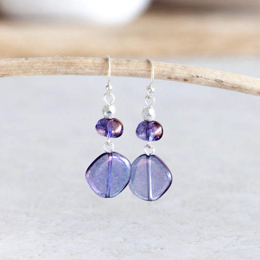 LUMINOUS PURPLE GLASS DANGLE DROP EARRINGS | SILVER PLATED