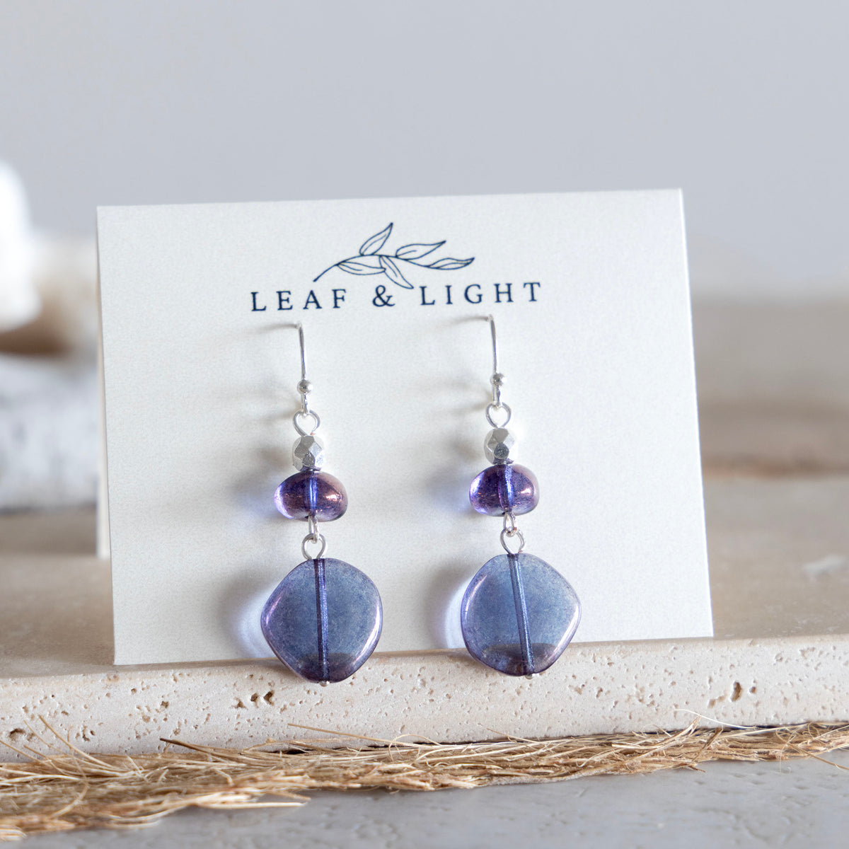 LUMINOUS PURPLE GLASS DANGLE DROP EARRINGS | SILVER PLATED