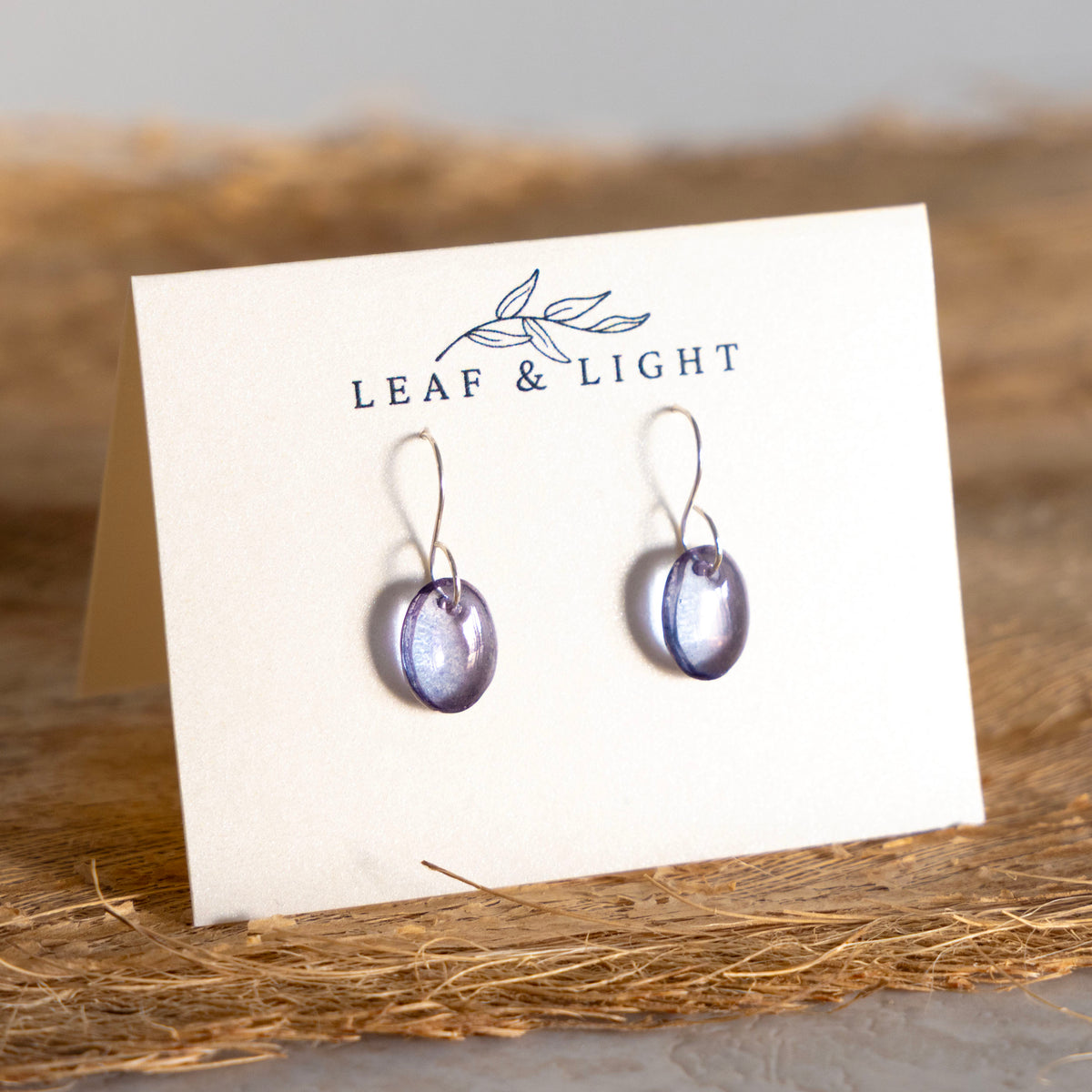 PURPLE LUSTER OVAL GLASS MINIMAL EARRINGS | STERLING SILVER