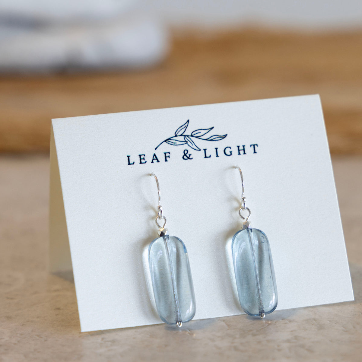 Sea Shimmer Blue Czech glass rectangle earrings with sterling silver ear wires