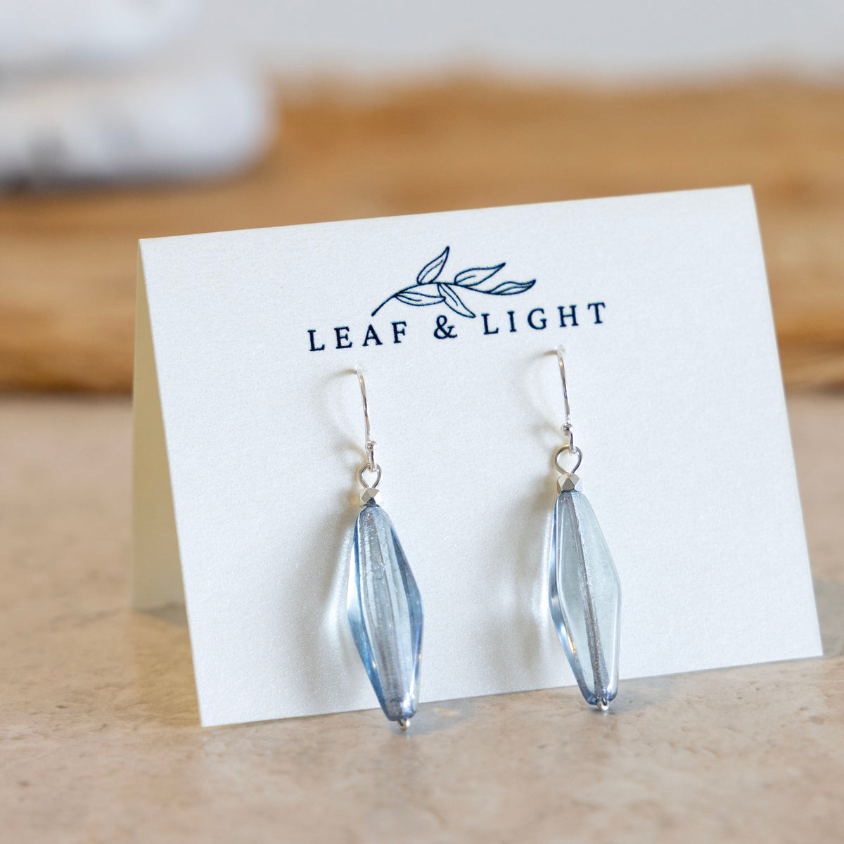 Sea Shimmer Blue Czech glass slender faceted earrings with sterling silver ear wires
