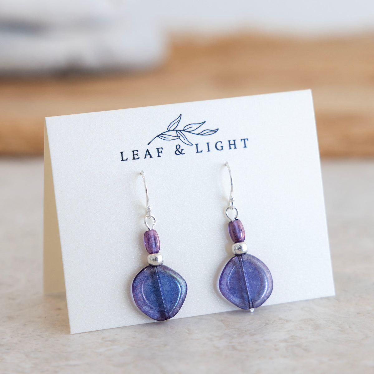 Sea Storm Purple Czech glass classic drop earrings with sterling silver ear wires