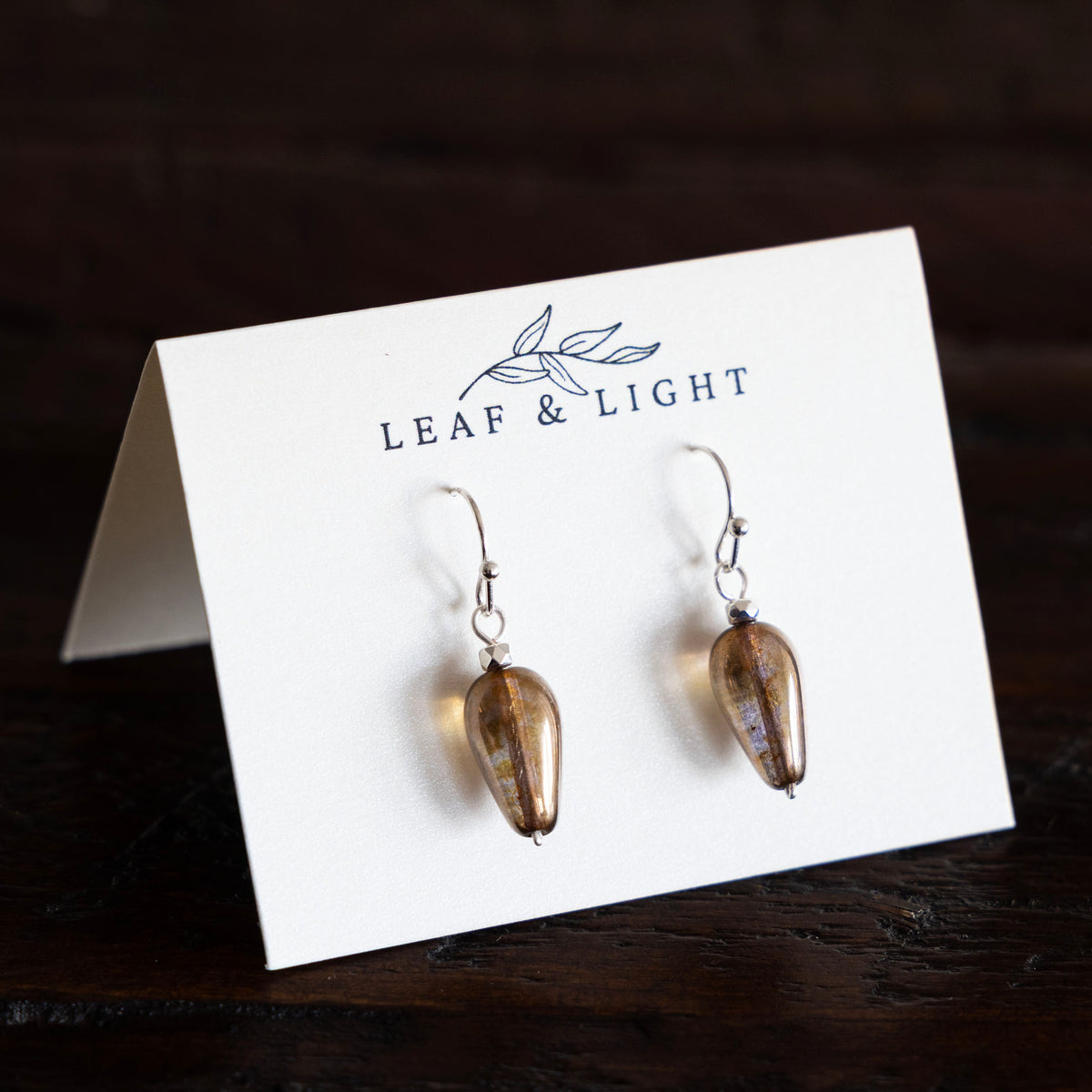 LUMINOUS BROWN CZECH GLASS TEARDROP EARRINGS | SILVER PLATED