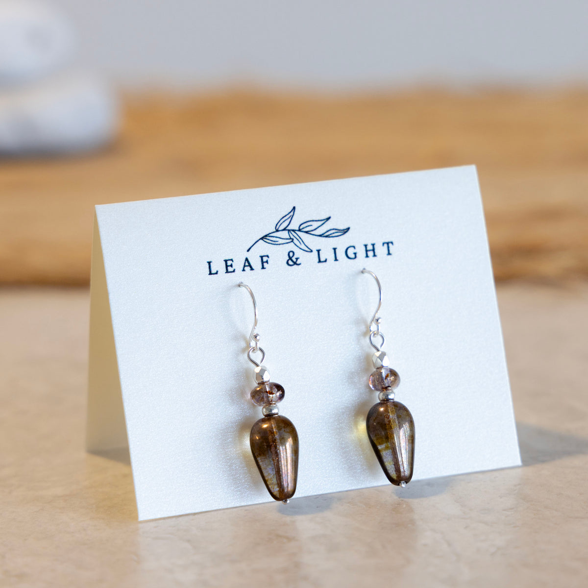 Sunset Luster Brown Czech glass classic teardrop earrings with sterling silver ear wires