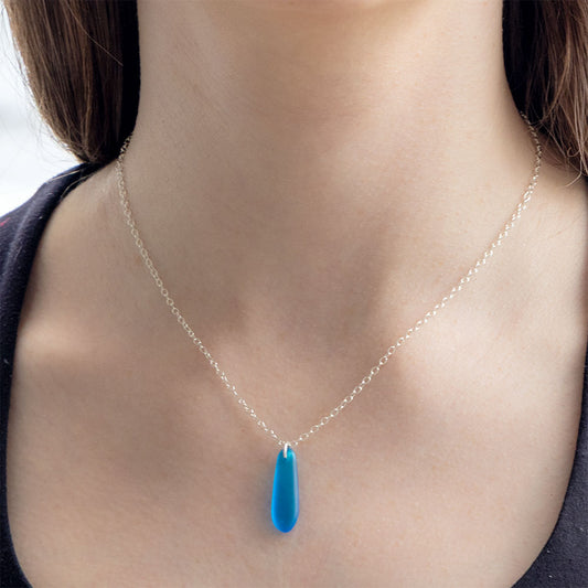 TURQUOISE TEARDROP COASTAL GLASS NECKLACE | SILVER PLATED