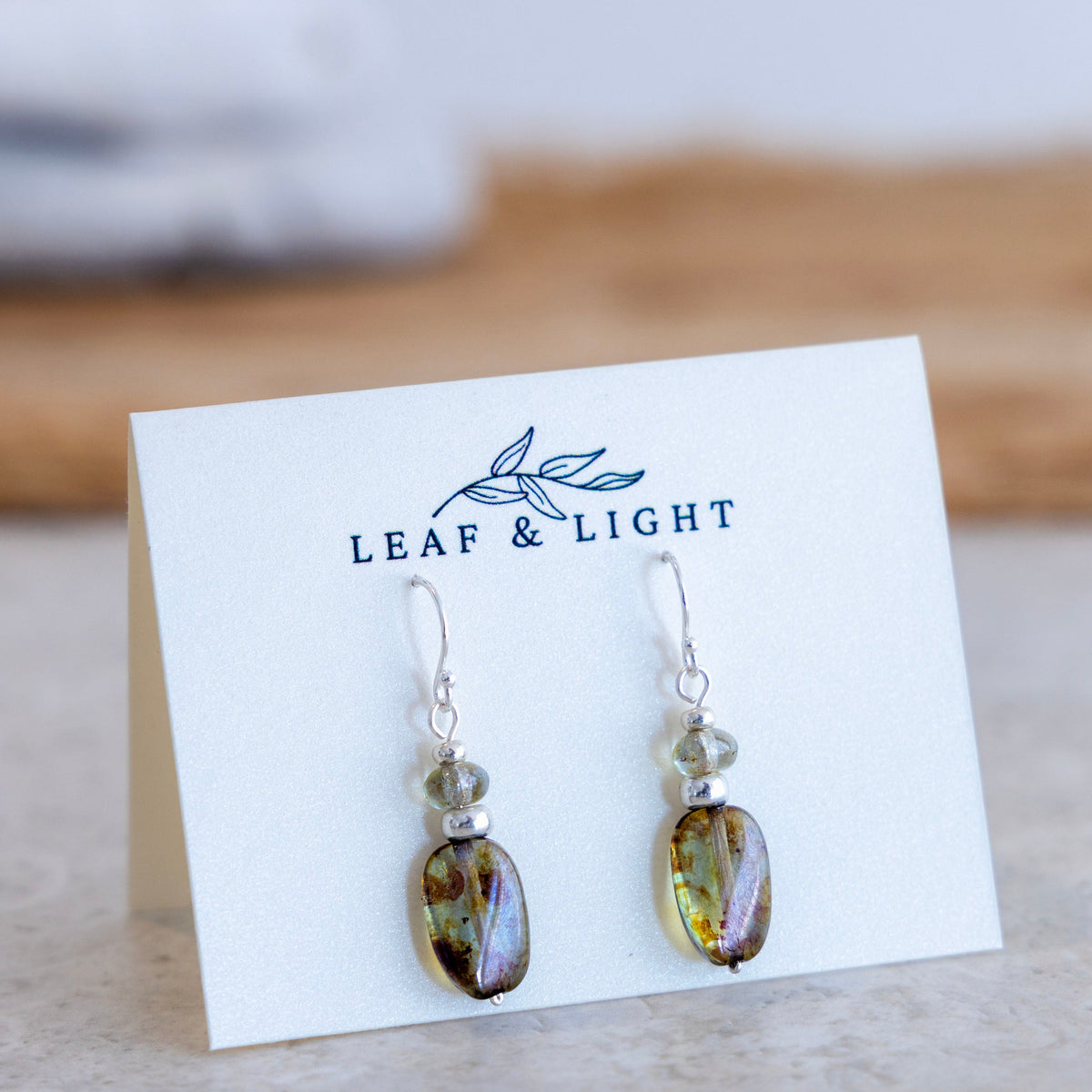Beach Moss Green Czech glass classic rectangle earrings with sterling silver ear wires