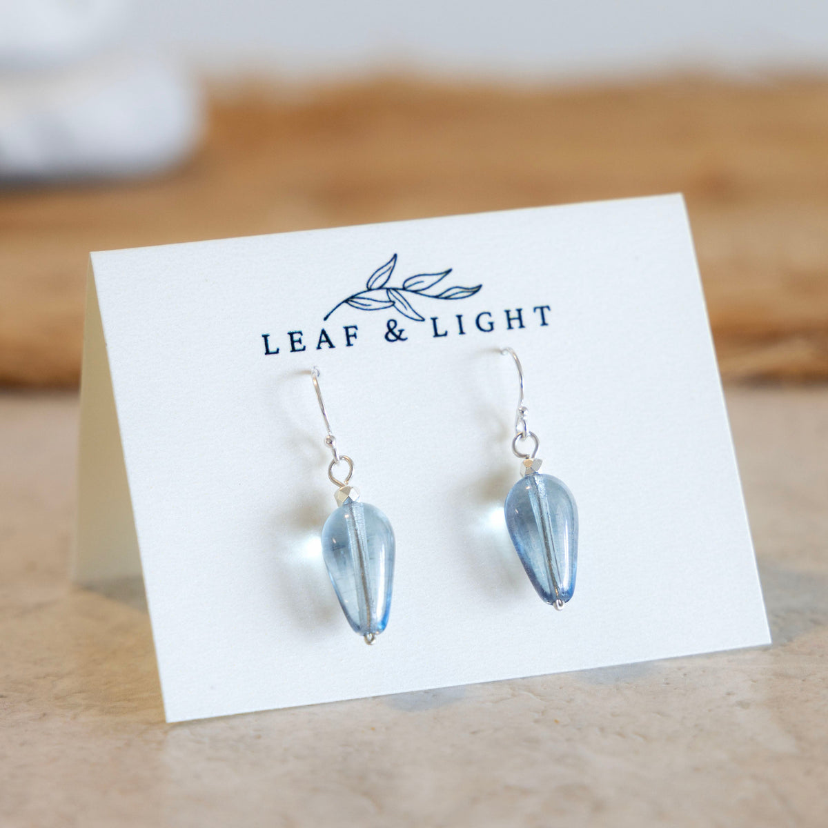 Sea Shimmer Blue Czech glass teardrop earrings with sterling silver ear wires