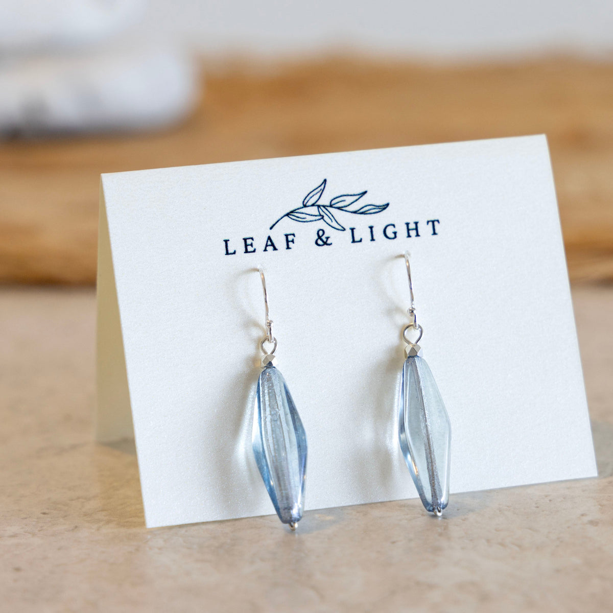 Sea Shimmer Blue Czech glass slender faceted earrings with sterling silver ear wires