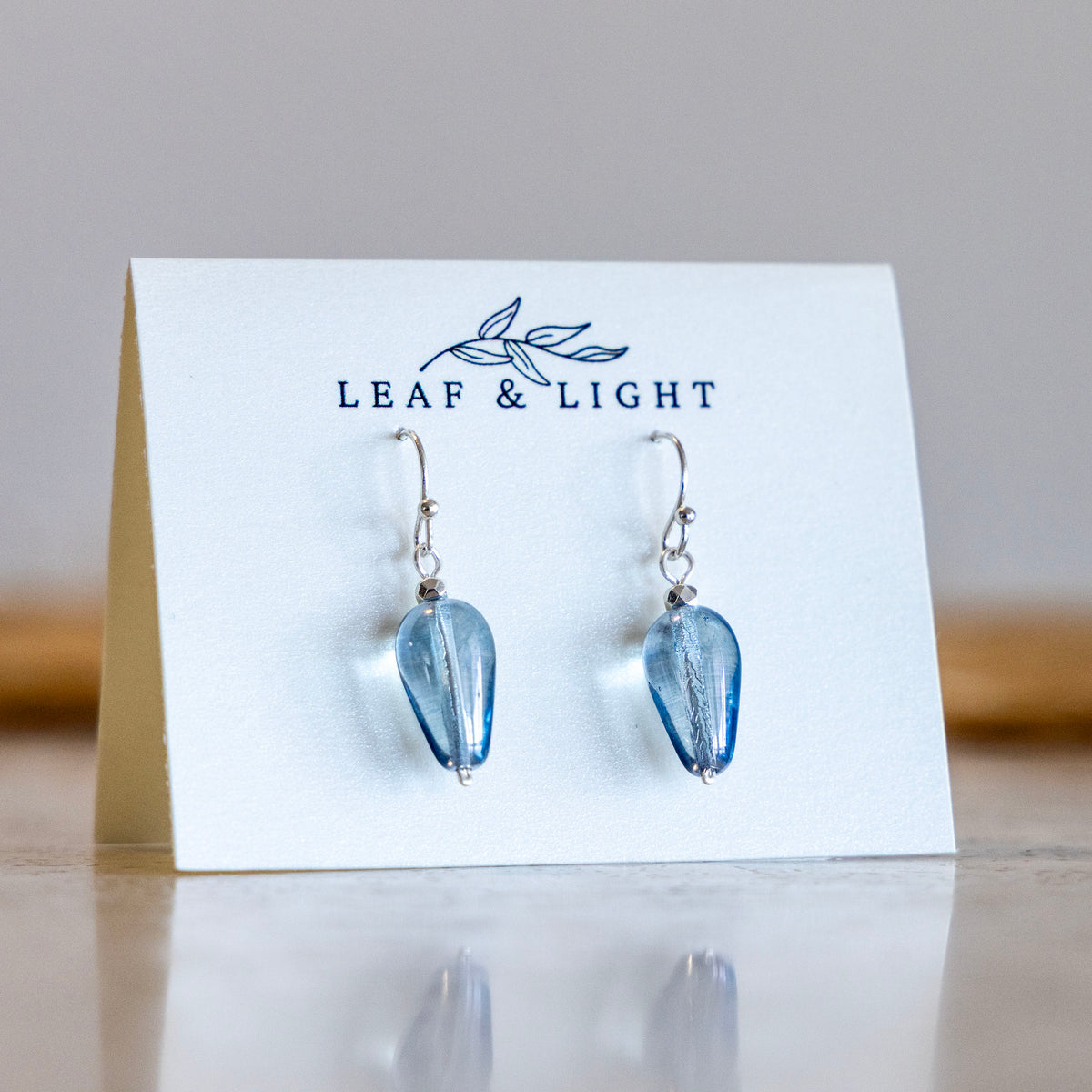 LUMINOUS BLUE CZECH GLASS TEARDROP EARRINGS | SILVER PLATED