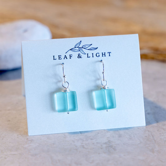 DEEP AQUA WIRE WRAPPED COASTAL GLASS EARRINGS | SILVER PLATED
