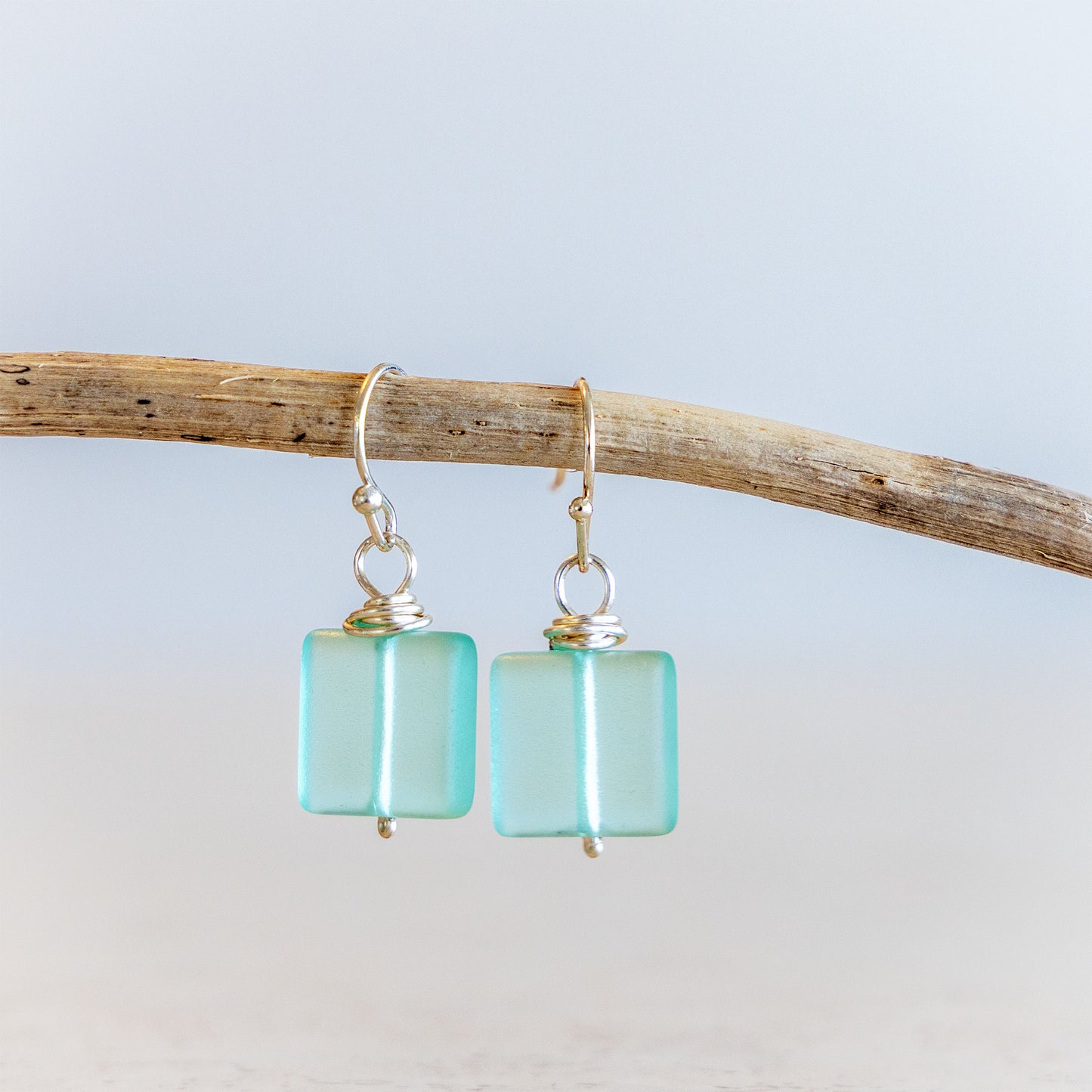 DEEP AQUA WIRE WRAPPED COASTAL GLASS EARRINGS | SILVER PLATED
