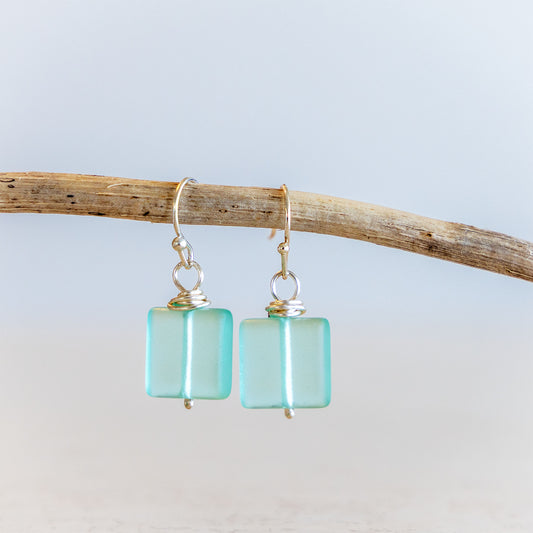 DEEP AQUA WIRE WRAPPED COASTAL GLASS EARRINGS | SILVER PLATED