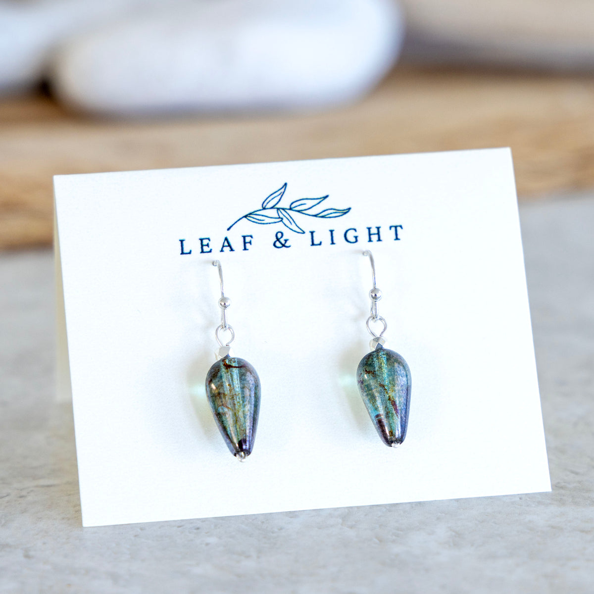 LUSTROUS GREEN GLASS TEARDROP EARRINGS | SILVER PLATED
