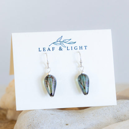 LUSTROUS GREEN GLASS TEARDROP EARRINGS | SILVER PLATED