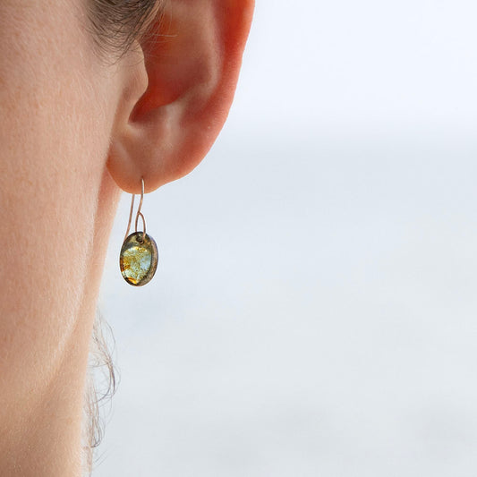GREEN LUSTER OVAL GLASS MINIMAL EARRINGS | STERLING SILVER