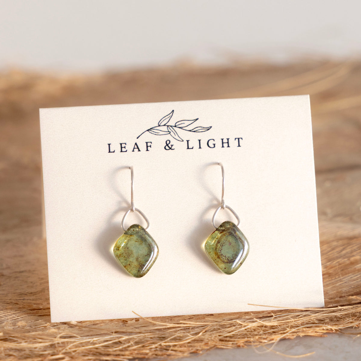 GREEN LUSTER SQUARE GLASS EARRINGS | STERLING SILVER