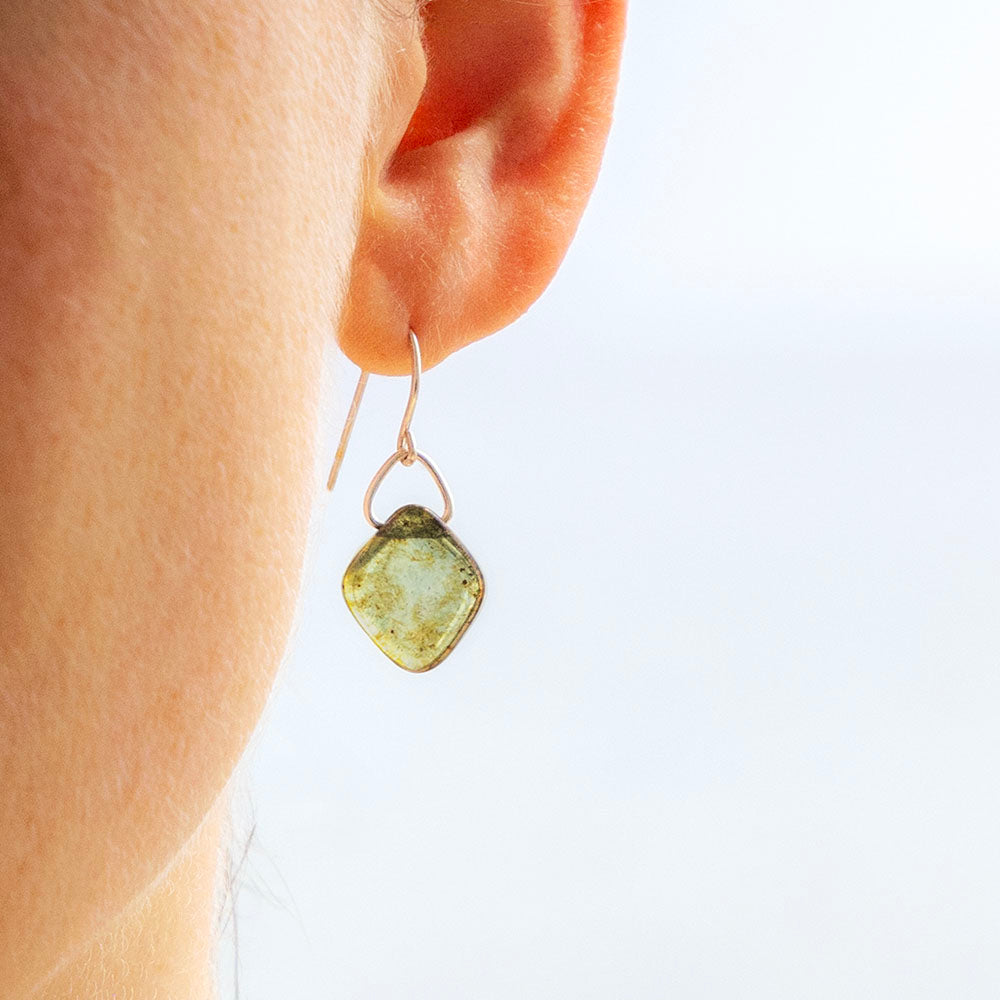 GREEN LUSTER SQUARE GLASS EARRINGS | STERLING SILVER