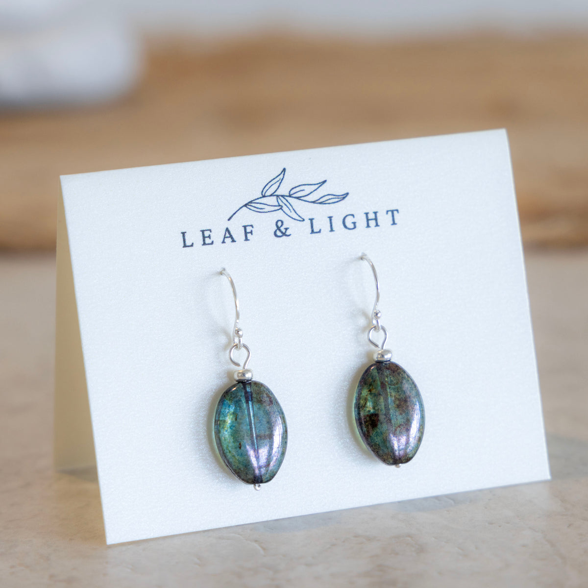 Beach Moss Green Czech glass oval earrings with sterling silver ear wires