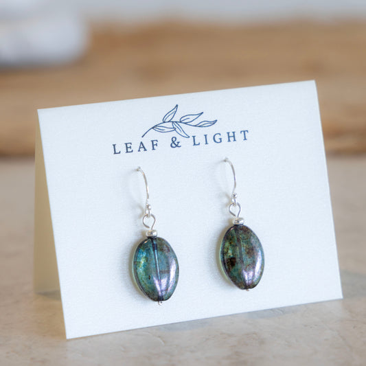Beach Moss Green Czech glass oval earrings with sterling silver ear wires