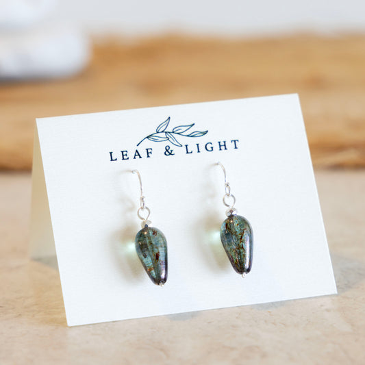 Beach Moss Green Czech glass teardrop earrings with sterling silver ear wires