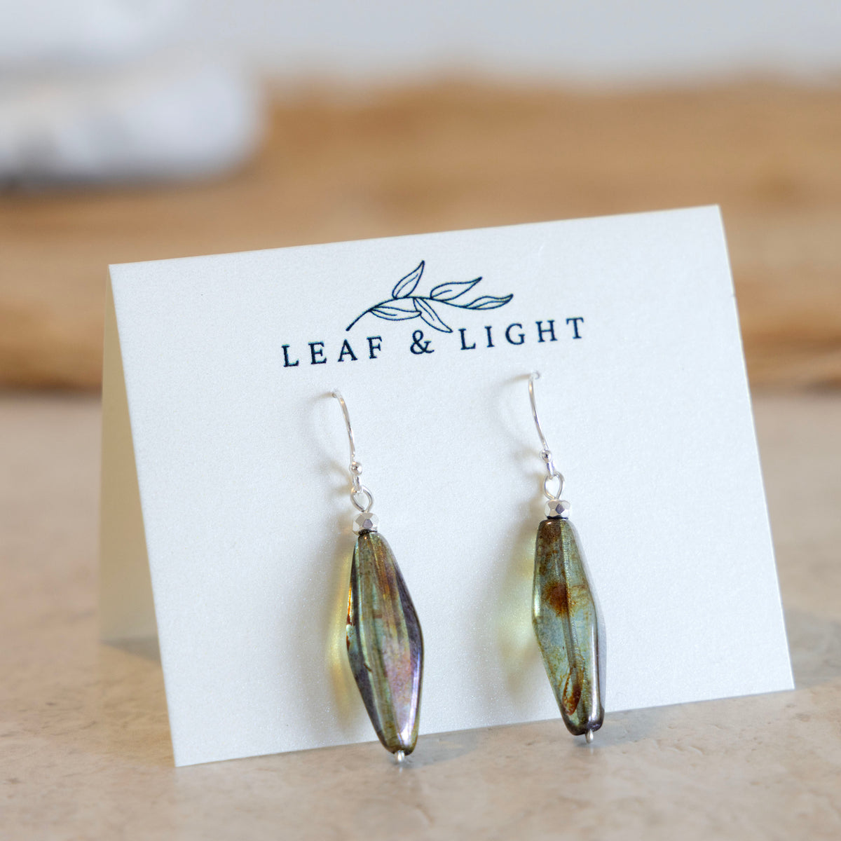 Beach Moss Green Czech glass slender faceted earrings with sterling silver ear wires