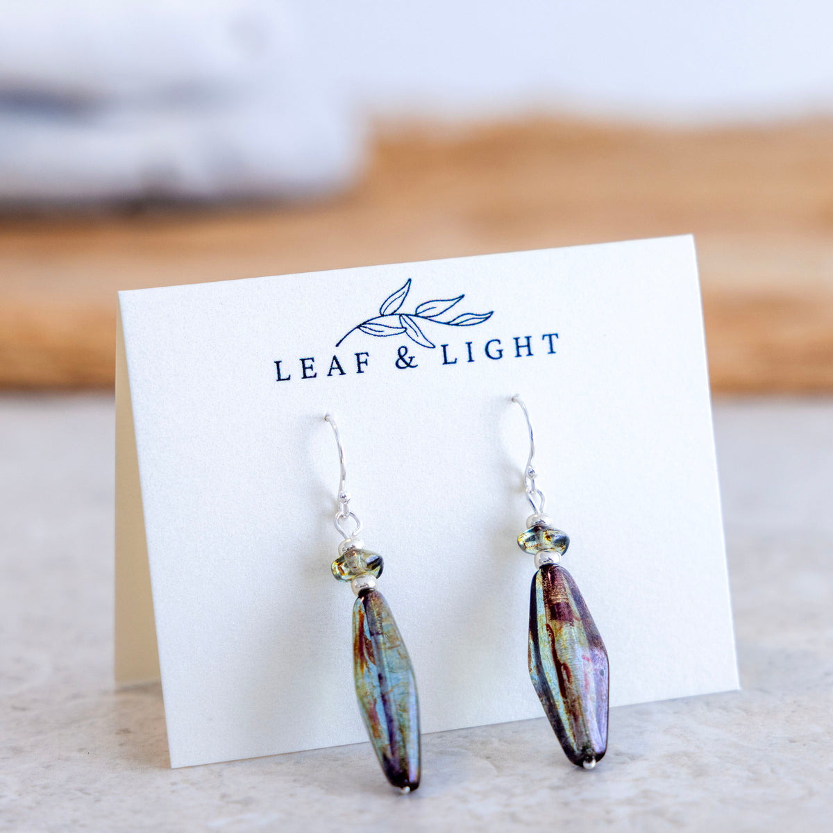 Beach Moss Green Czech glass slender long faceted earrings with sterling silver ear wires