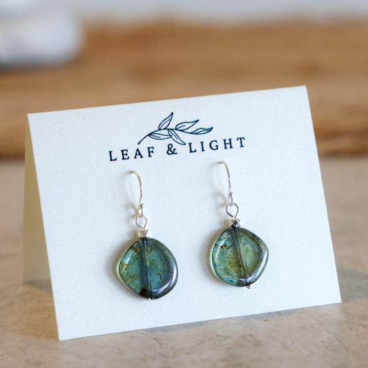 Beach Moss Green Czech glass round earrings with sterling silver ear wires