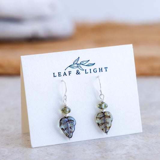 Beach Moss Green Czech glass leaf earrings with sterling silver ear wires