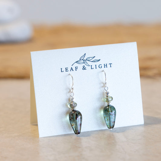 Beach Moss Green Czech glass classic teardrop earrings with sterling silver ear wires