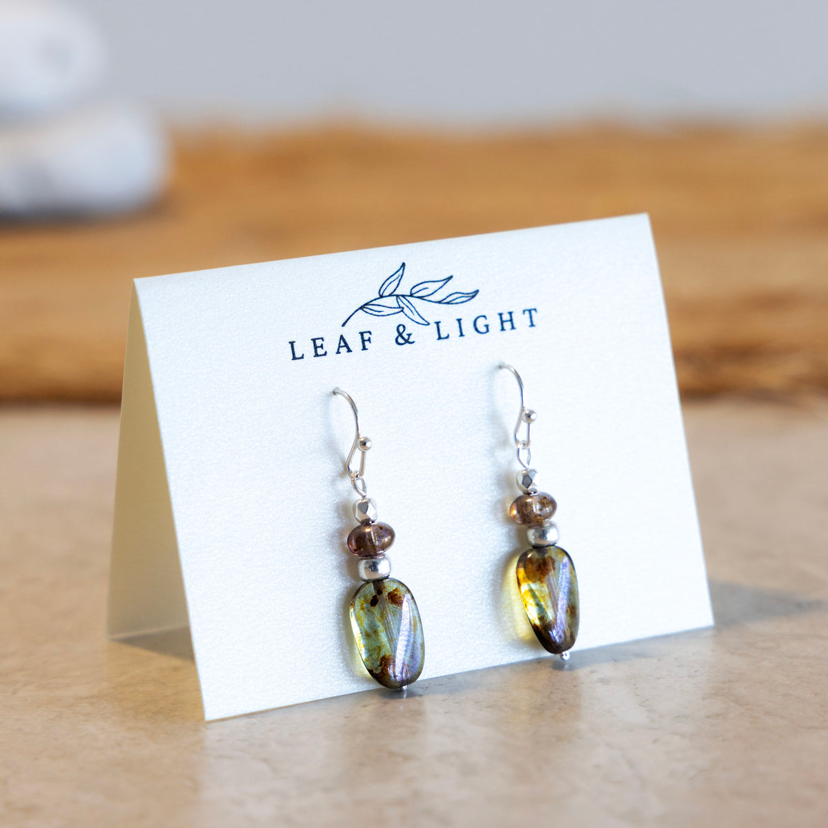 Beach Moss Green and brown Czech glass rectangle earrings with silver plated ear wires