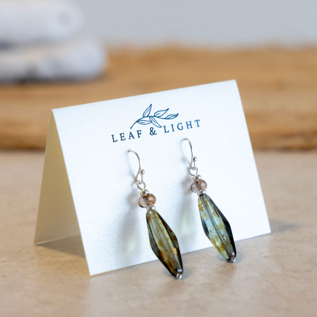 Beach Moss Green and brown Czech glass long faceted earrings with silver plated ear wires