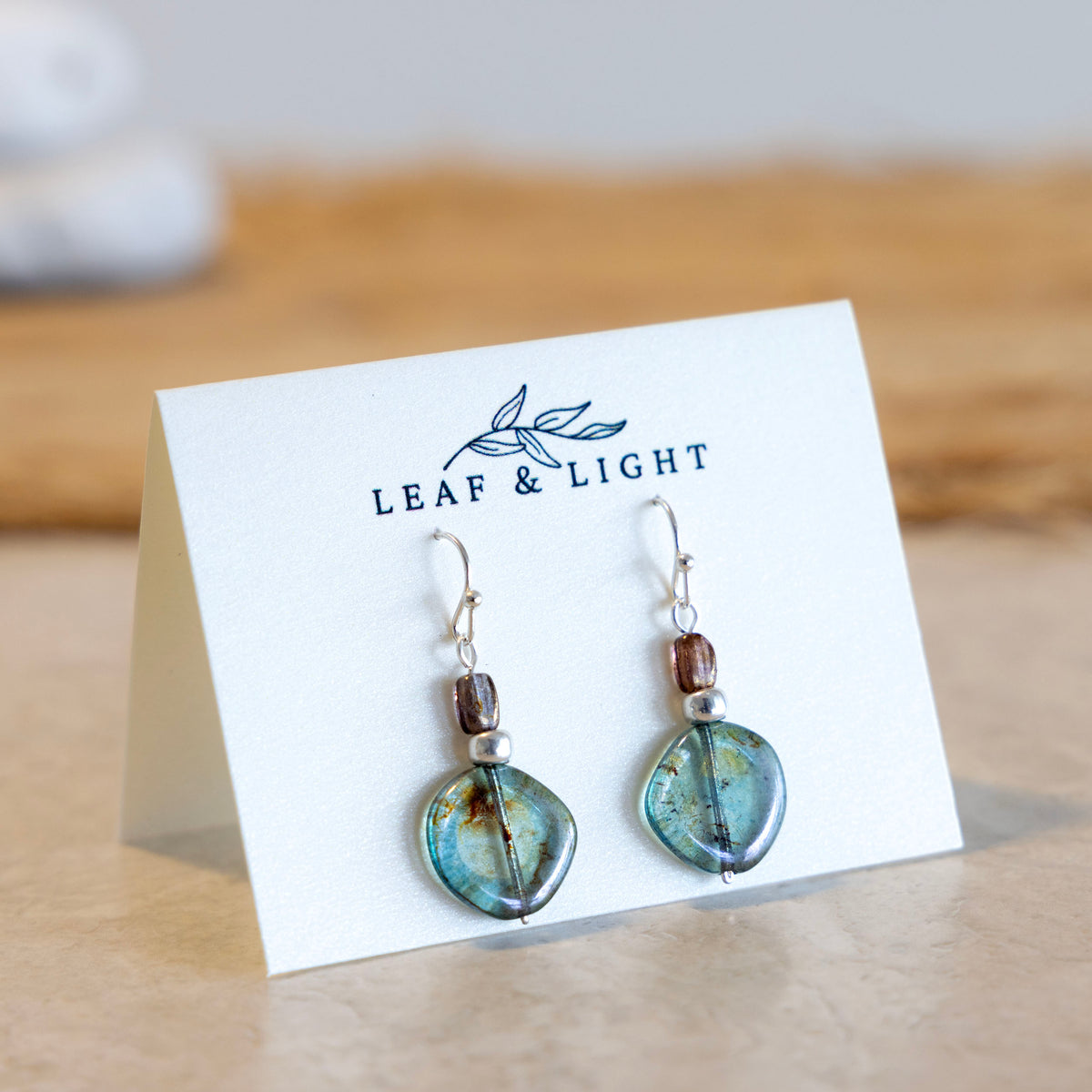 Beach Moss Green and brown Czech glass classic drop earrings with silver plated ear wires