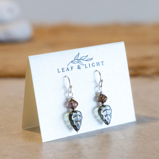Beach Moss Green and brown Czech glass leaf earrings with silver plated ear wires