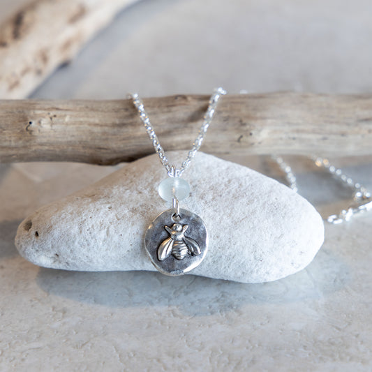 BEE AND GLASS COASTAL CHARM NECKLACE | SILVER PLATED