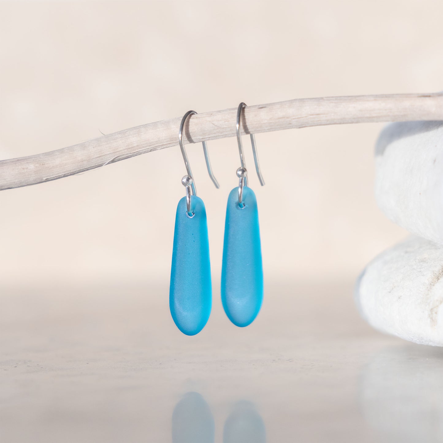 COASTAL GLASS SILVER PLATED EARRINGS - CARIBBEAN BLUE TEARDROP