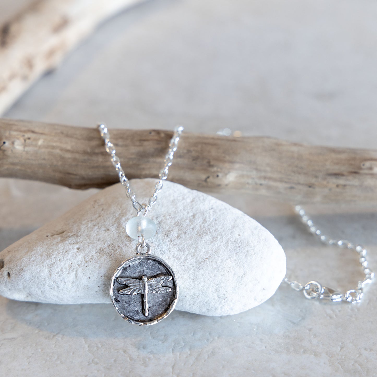 DRAGONFLY AND GLASS COASTAL CHARM NECKLACE | SILVER PLATED