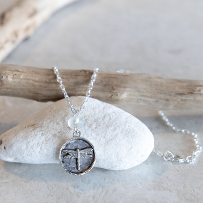 DRAGONFLY AND GLASS COASTAL CHARM NECKLACE | SILVER PLATED