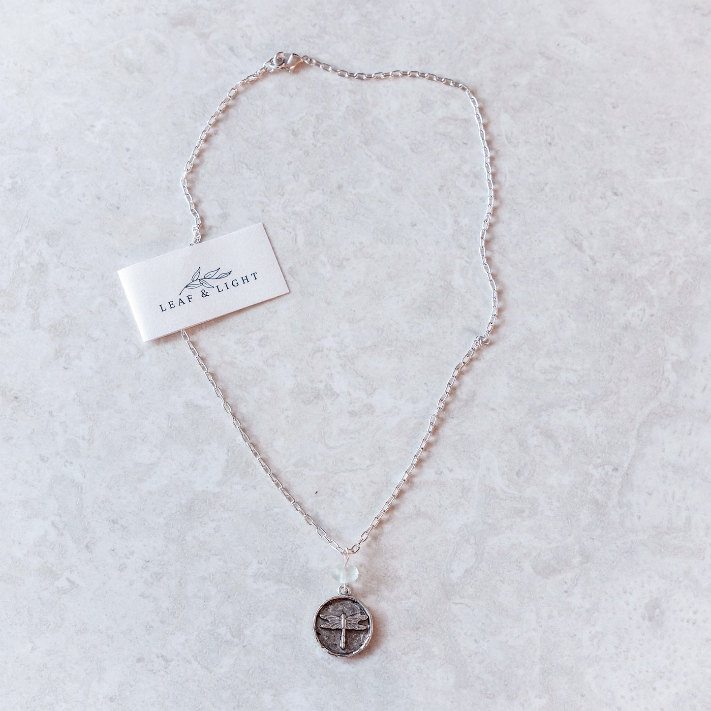 DRAGONFLY AND GLASS COASTAL CHARM NECKLACE | SILVER PLATED