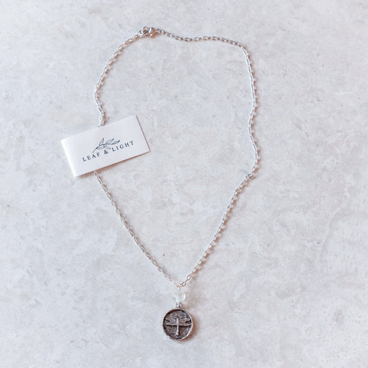 DRAGONFLY AND GLASS COASTAL CHARM NECKLACE | SILVER PLATED