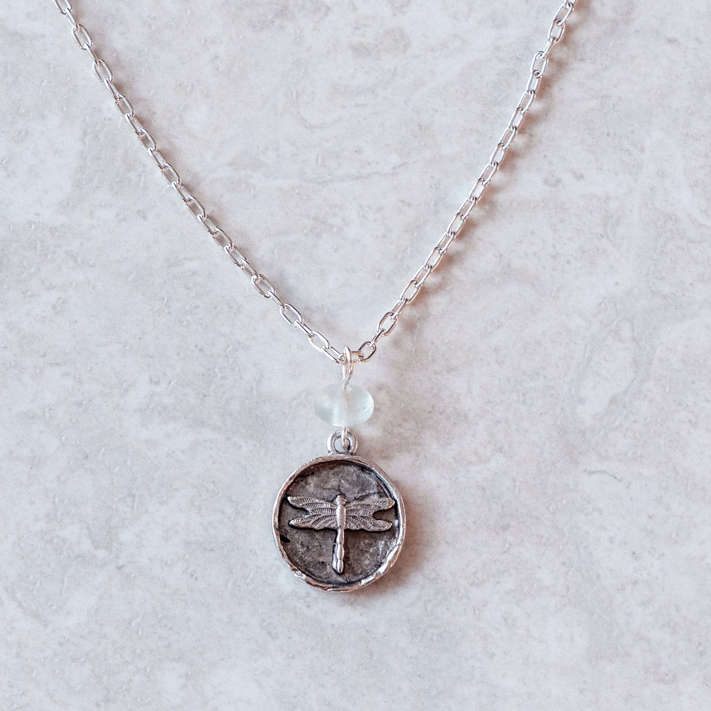 DRAGONFLY AND GLASS COASTAL CHARM NECKLACE | SILVER PLATED