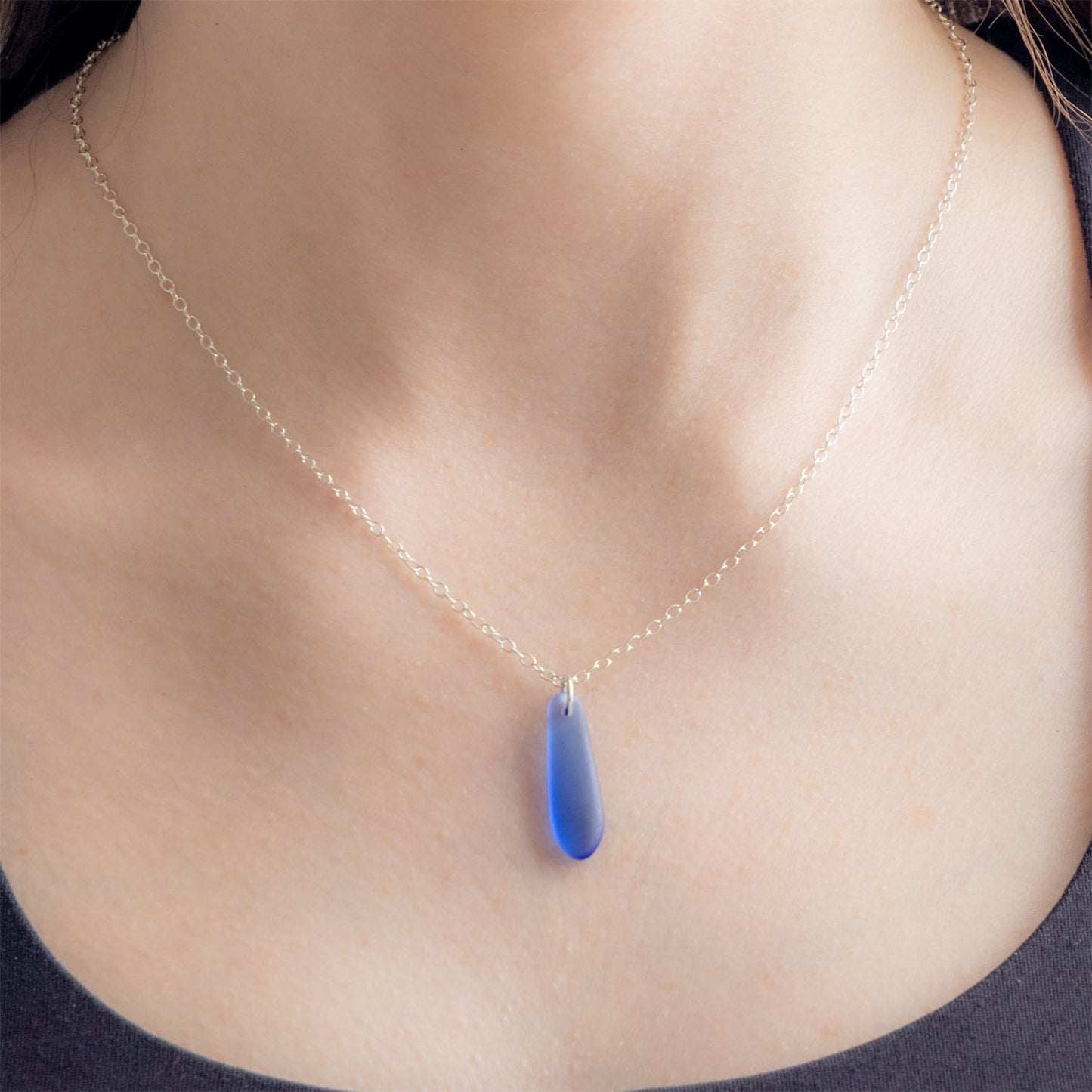 SKY BLUE TEARDROP COASTAL GLASS NECKLACE | SILVER PLATED
